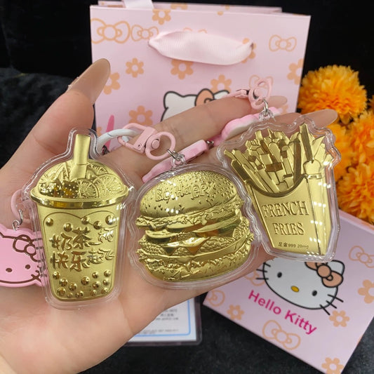GoldenMaster Gold 999 Hamburger French Fries Milk Tea Shape Keychain Mobile Phone Pendant Bag Pendant Girlfriend Gift Car Pendant - GoldenMaster